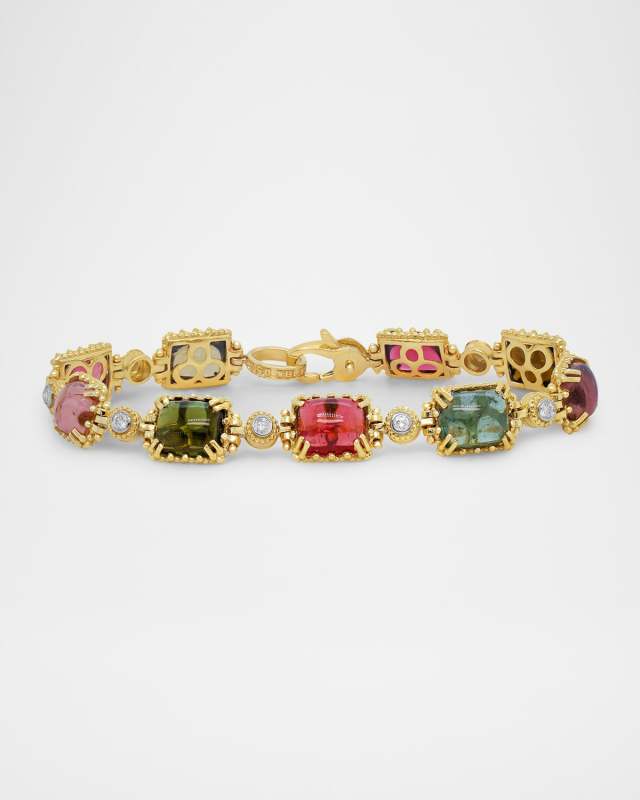 18K Yellow Gold Multicolor Tourmaline Bracelet with Diamonds, 7"L
